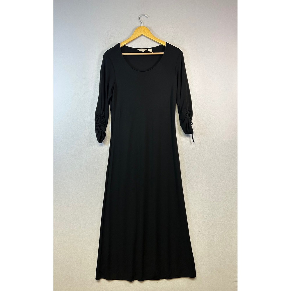 Minimalist J. Jill Womens Size M Black Ruched 3/4 Sleeve‎ Scoop Neck Maxi Dress